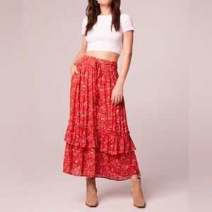 Band of gypsies Red Floral Tiered Midi Skirt with elastic Waist